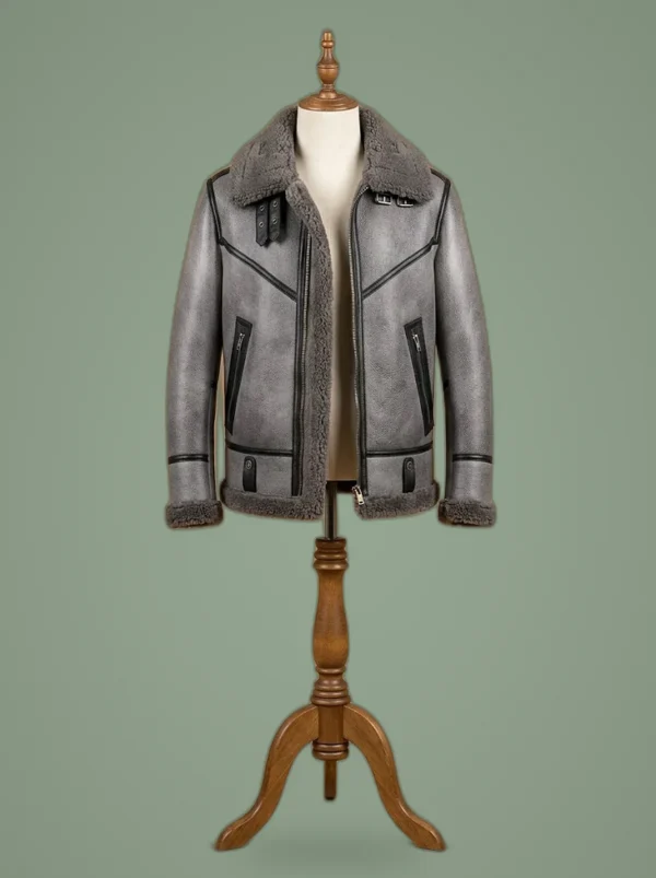 Men’s B3 Bomber Aviator WWII Pilot Real Sheepskin Shearling Silver Leather Jacket, front view