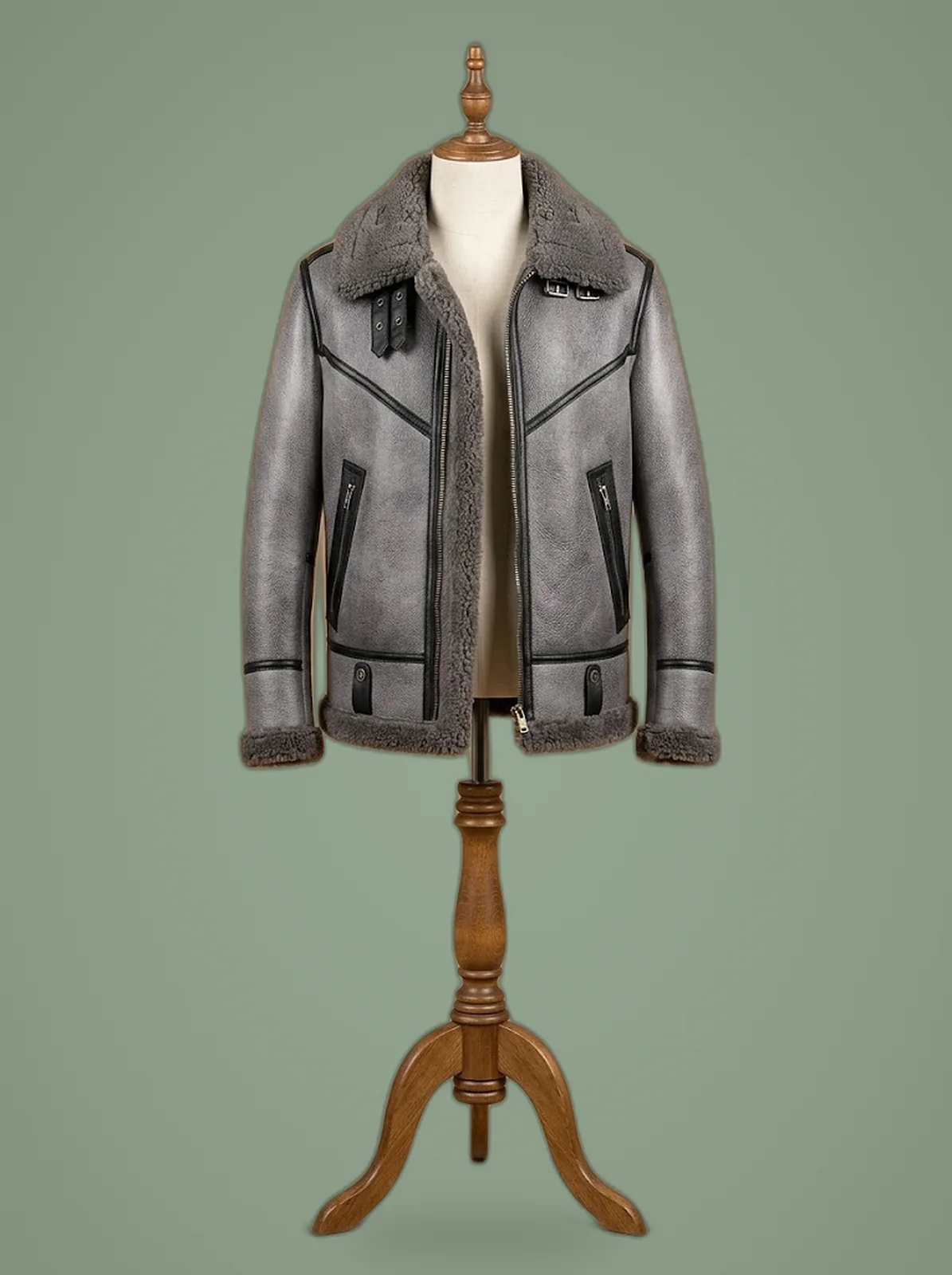 men B3 silver shearling bomber jacket front view
