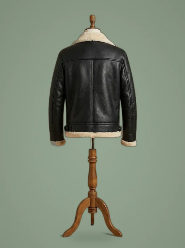 Men’s B3 Bomber Full Fur Removable Hood SheepSkin Shearling Black Leather Jacket, front view