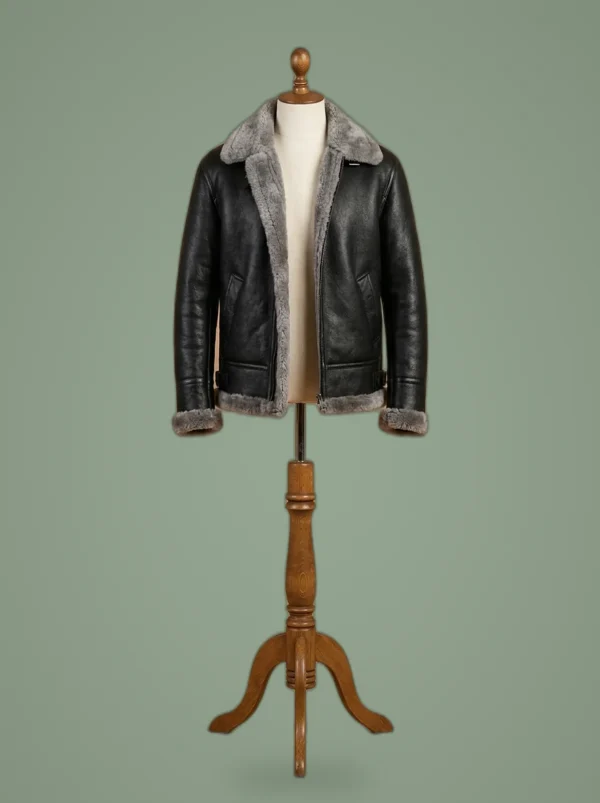 Men’s B3 Bomber Pilot Aviator RAF Real Sheepskin Grey Shearling Black Leather Jacket, front view