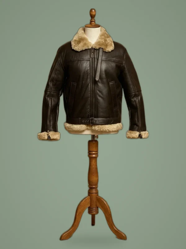 Men’s B3 Bomber Pilot Aviator RAF Real Sheepskin Shearling Brown Leather Jacket, front view