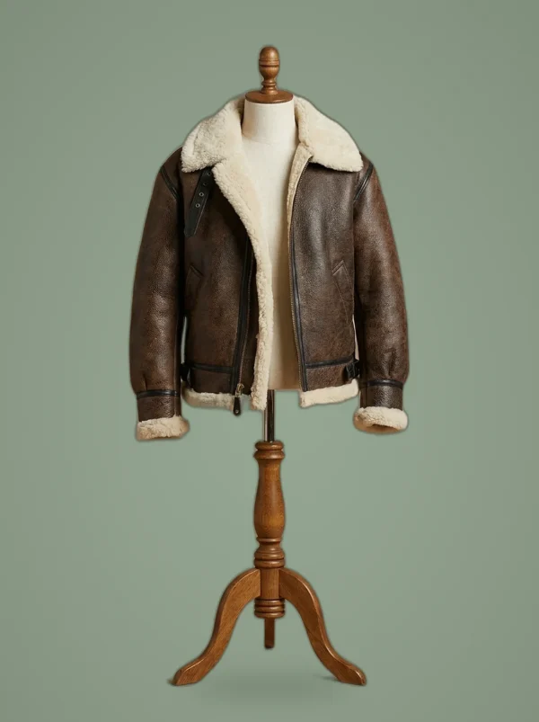 Men’s B3 Bomber RAF Fur Real Sheepskin Shearling Brown Leather Jacket, front view