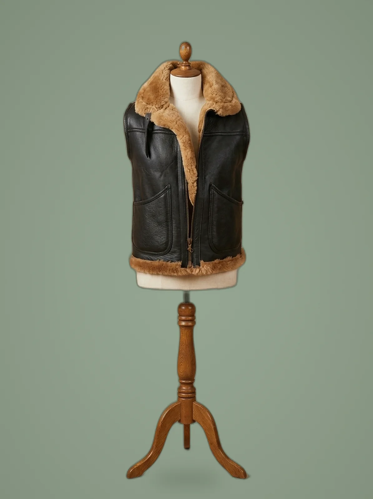 shearling pilot aviator brown leather vest front view