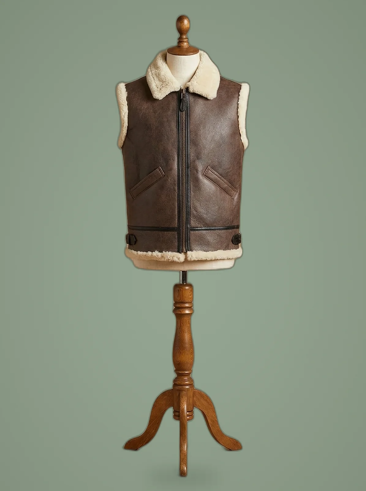 pilot RAF brown leather vest front view
