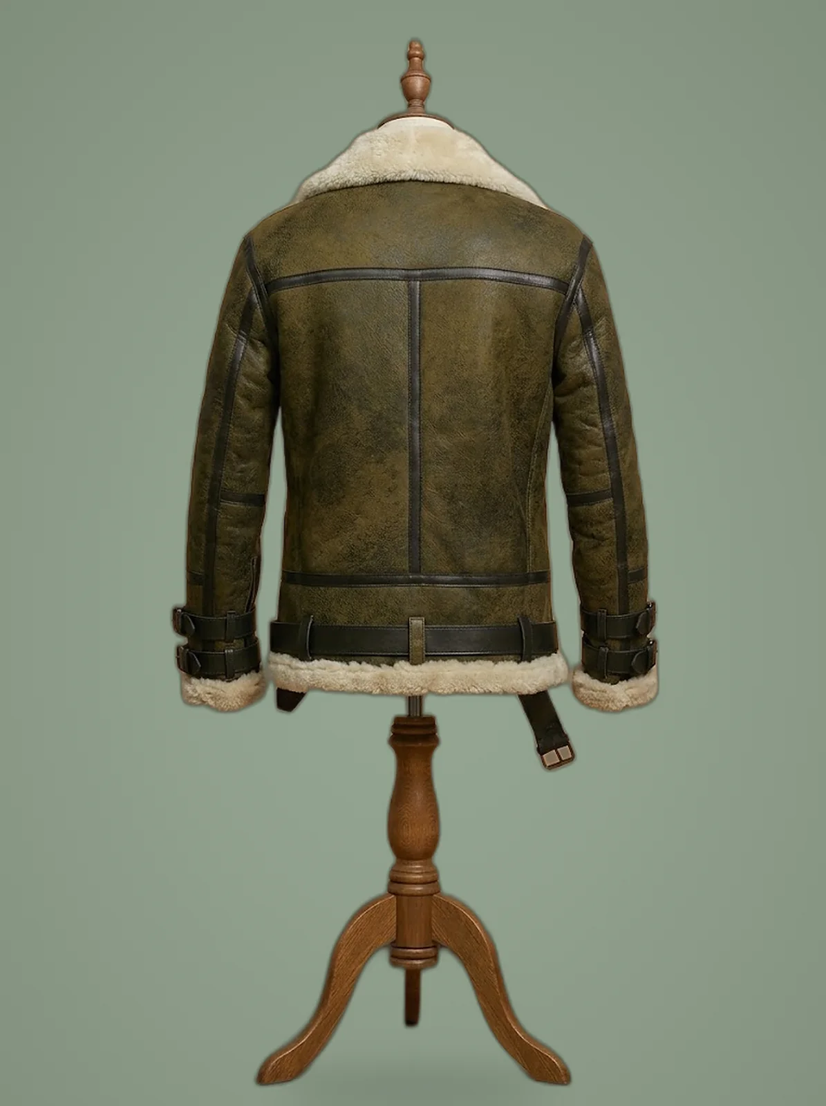 Men’s B3 Bomber USAF Dukin Green Real Sheepskin Shearling Leather Jacket, back view