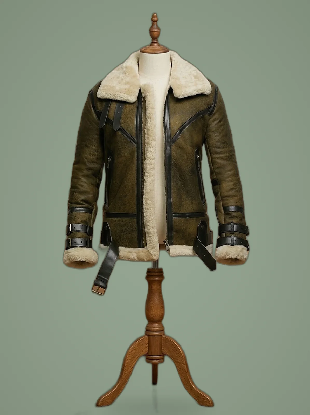 Men’s B3 Bomber USAF Dukin Green Real Sheepskin Shearling Leather Jacket, front view