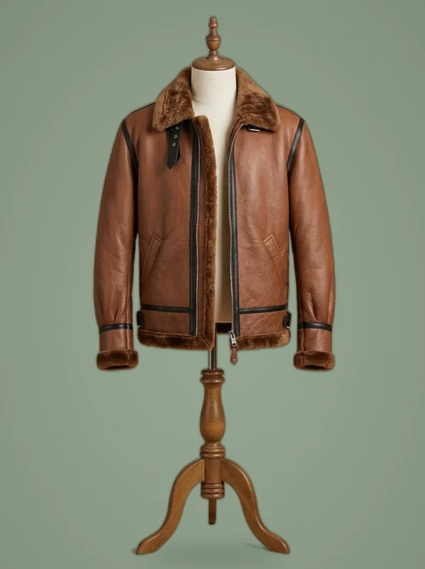 Men’s B3 RAF Bomber Aviator Pilot Real Sheepskin Shearling Tan Leather Jacket, front view
