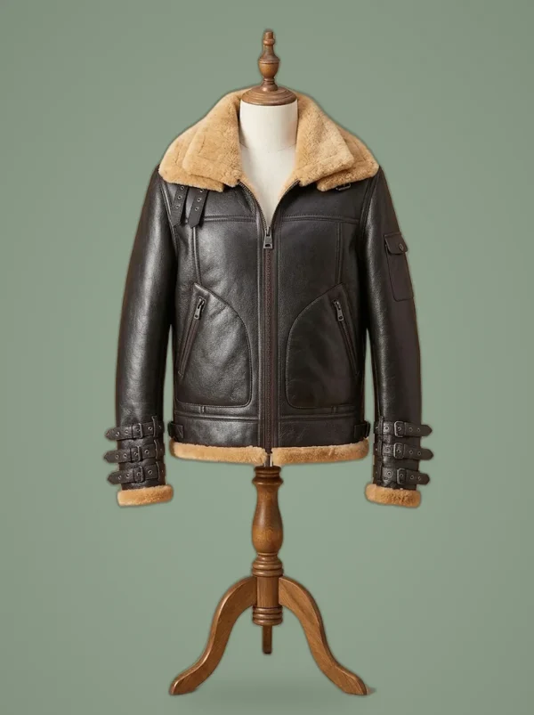 Men’s B6 Aviator Bomber Real Sheepskin Brown Sheepskin Leather Jacket, front view
