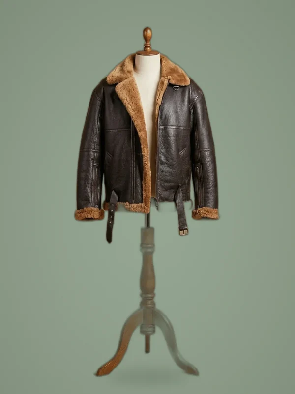 Men’s B6 Bomber Aviator Pilot Real Sheepskin Shearling Brown Leather Jacket, front view