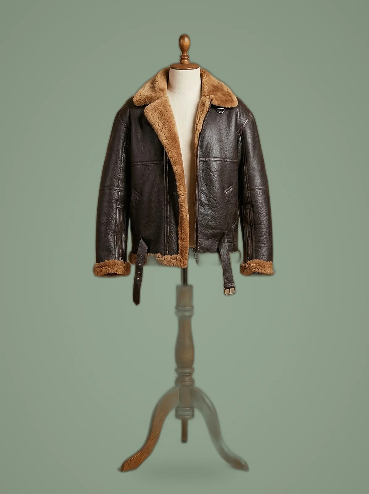 men B6 brown shearling aviator bomber jacket front view