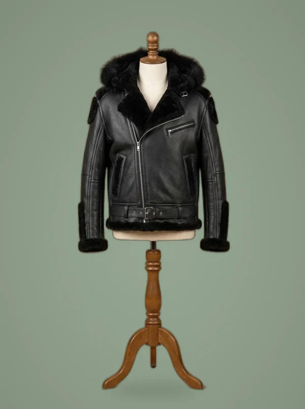 Men’s B6 Bomber Real Duty Sheepskin Shearling Leather Black Jacket, front view