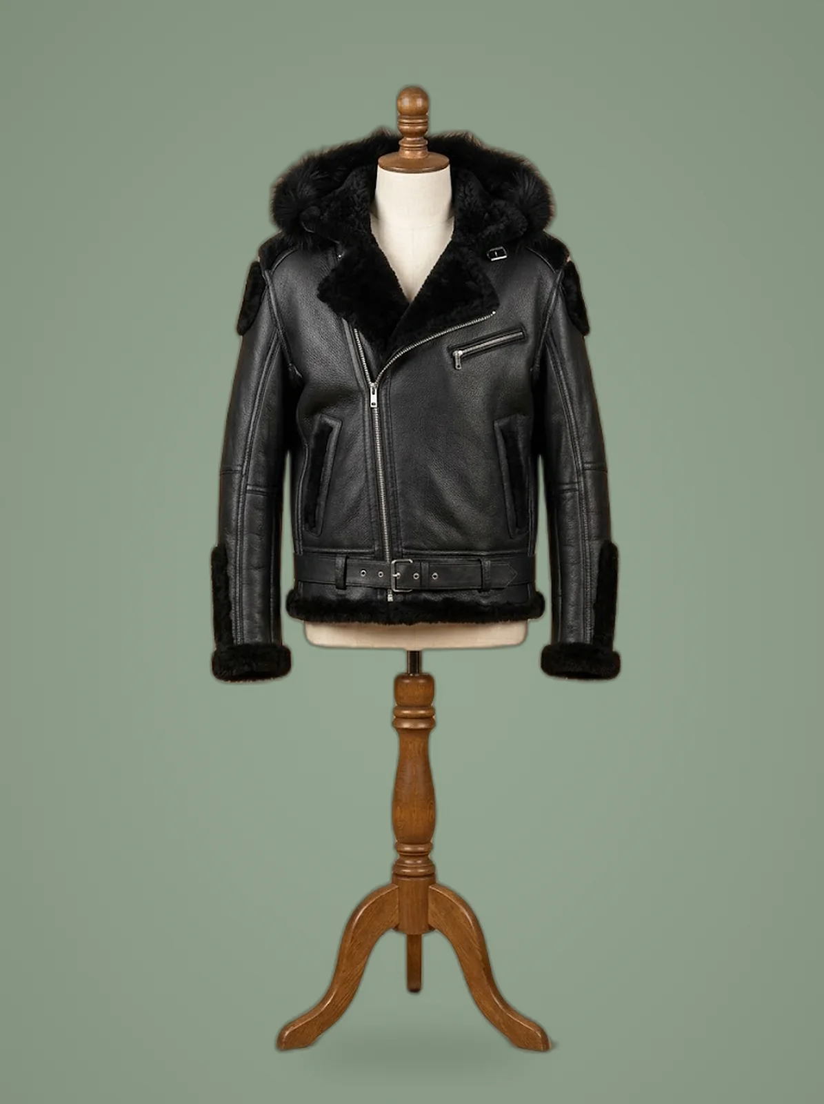 sheepskin shearling leather black jacket front view