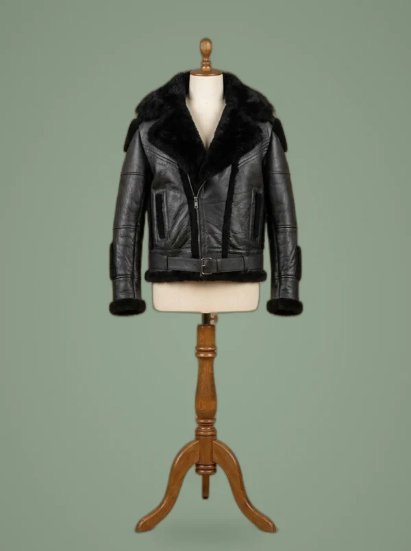 Men’s B6 Bomber Real Sheepskin Shearling Leather Raccoon Black Jacket, front view
