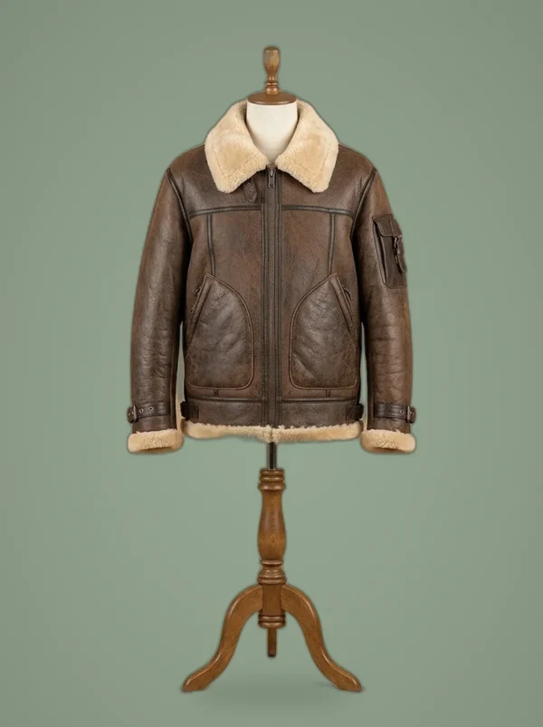 Men’s B6 RAF Bomber Aviator Real Sheepskin Shearling Brown Leather Jacket, front view