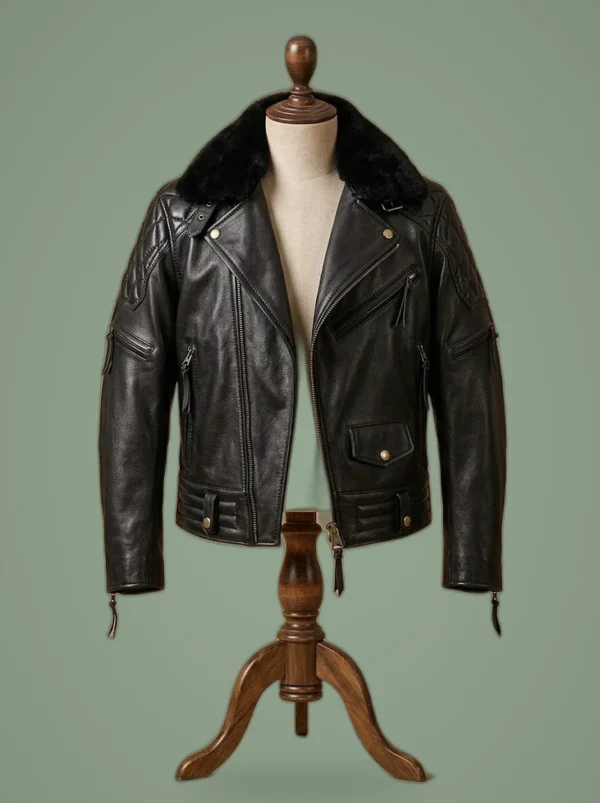 Mens Biker Cafe Racer Brando Quilted Motorcycle Fur Collar Black Leather Jacket, front view