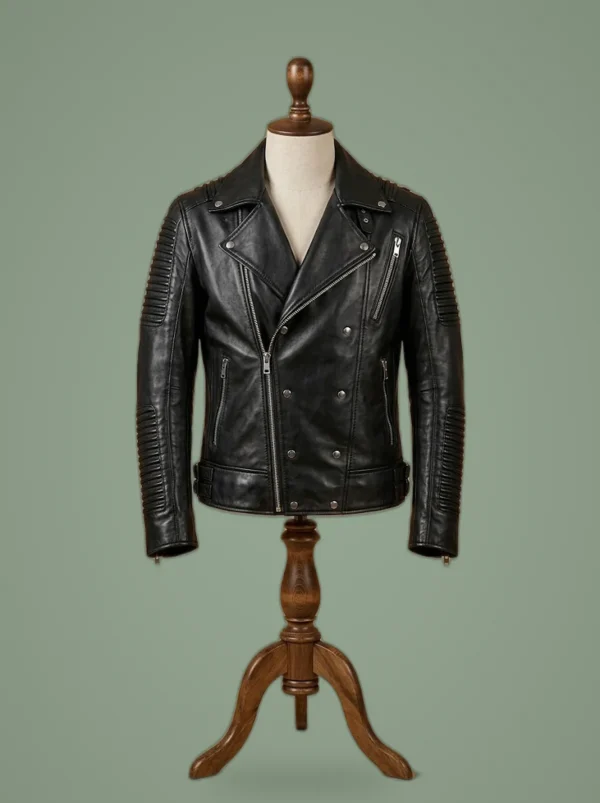 Men’s Biker Cafe Racer Brando Slim Fit Retro Motorcycle Black Leather Jacket, front view