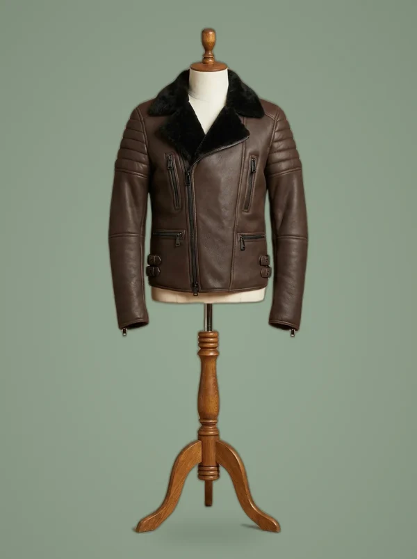Men’s Biker Cafe Racer Brown Real Fur Coat Sheepskin Shearling Leather, front view