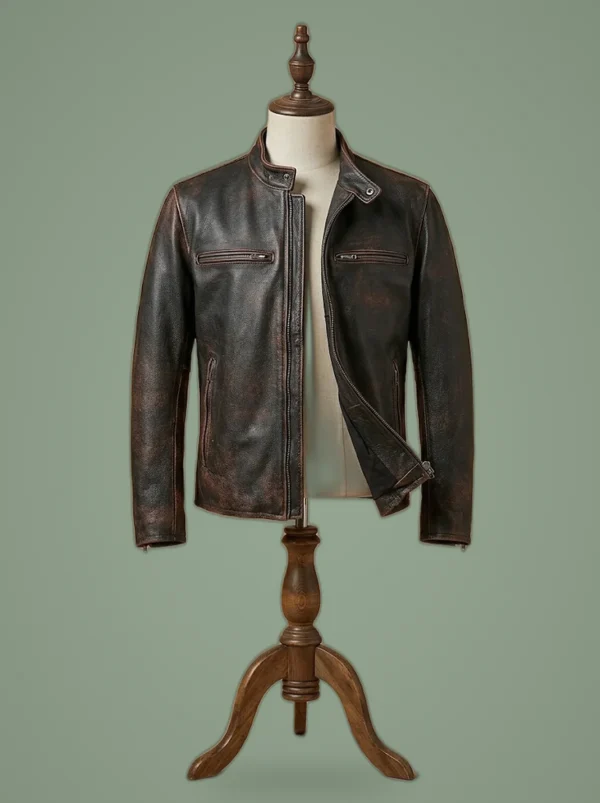 Mens Biker Cafe Racer Motorcycle Vintage Distressed Retro Black Leather Jacket, front view