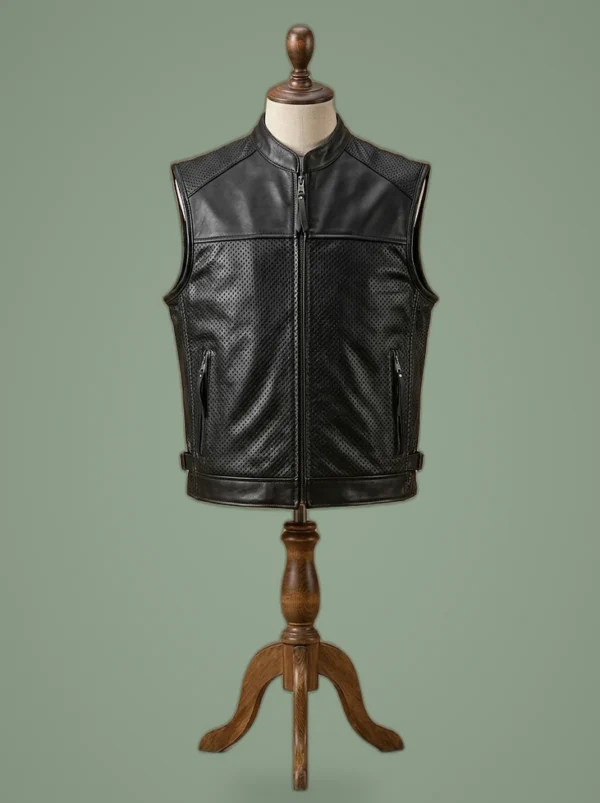 Mens Biker Cafe Racer Slim Fit Motorcycle Vintage Black Leather Perforated Vest, front view