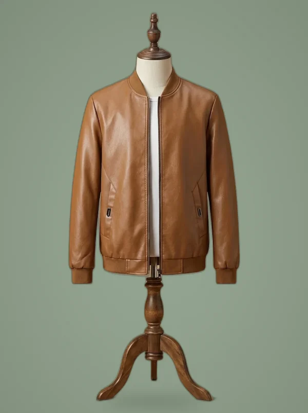 Mens Biker Cafe Racer Vintage Cafe Racer Real Cow Tan Leather Jacket, front view