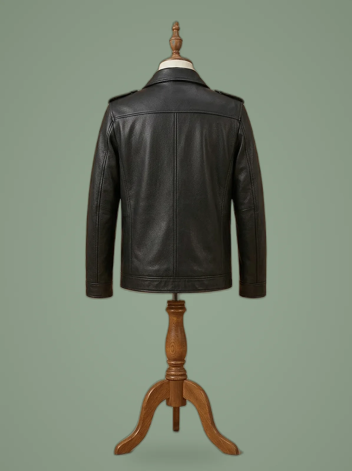 Men’s Biker Cafe Racer Vintage Pocket Slim Fit Black Leather Jacket, back view