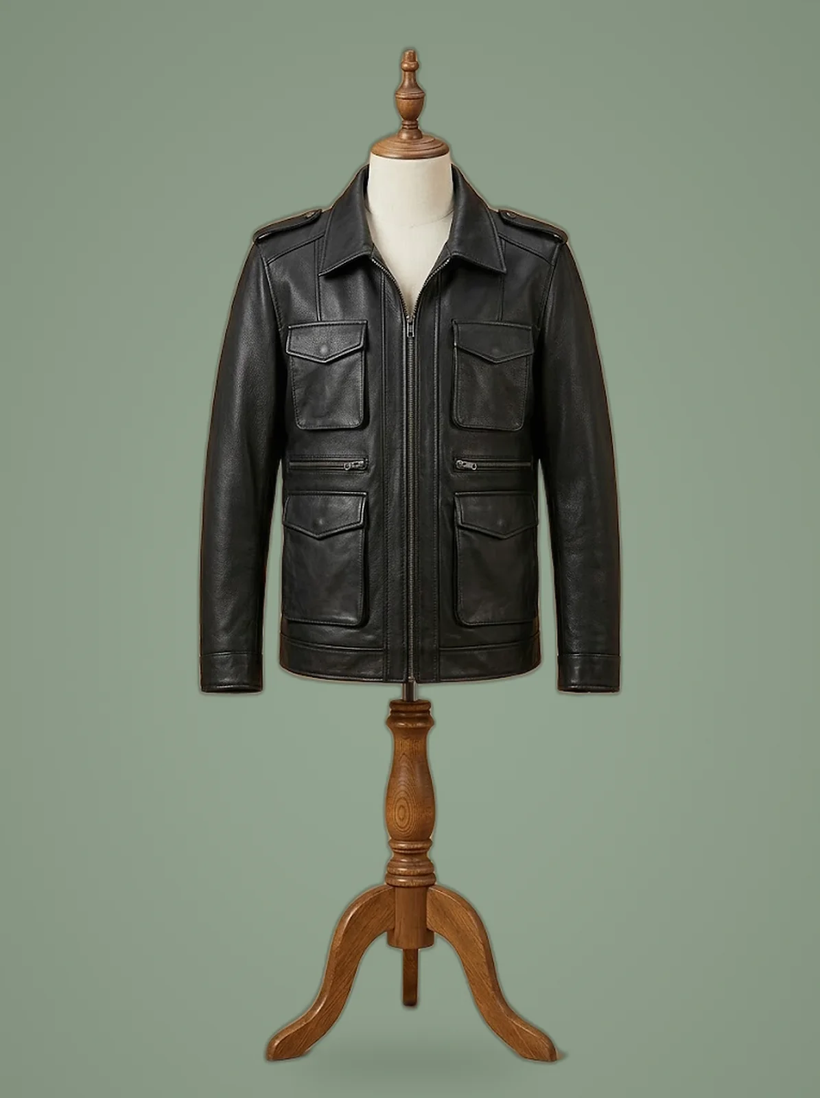 Men’s Biker Cafe Racer Vintage Pocket Slim Fit Black Leather Jacket, front view