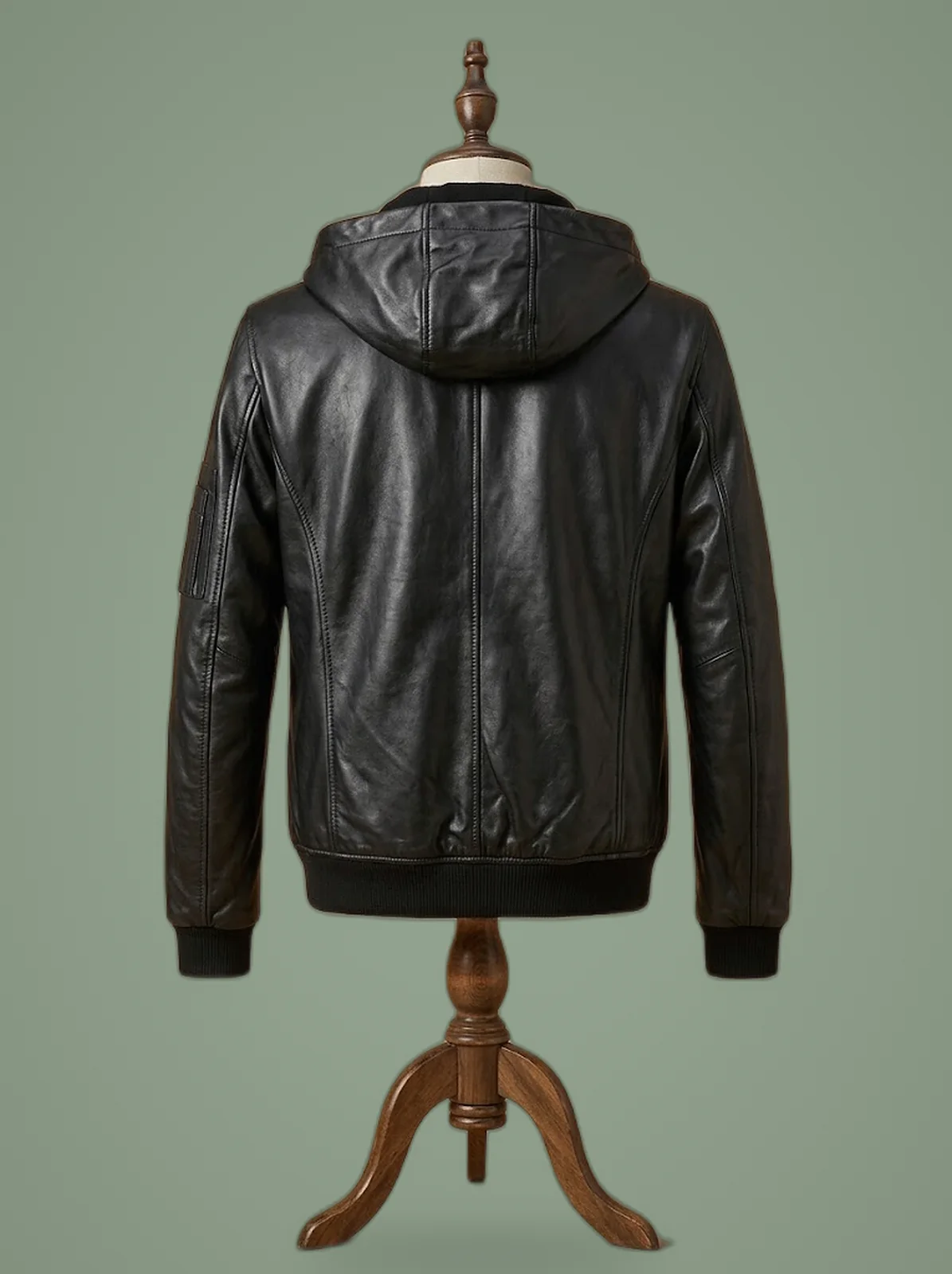 Men’s Biker Genuine Leather Hooded Jacket Café Racer Casual, back view