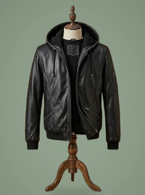 Men’s Biker Genuine Leather Hooded Jacket Café Racer Casual, front view