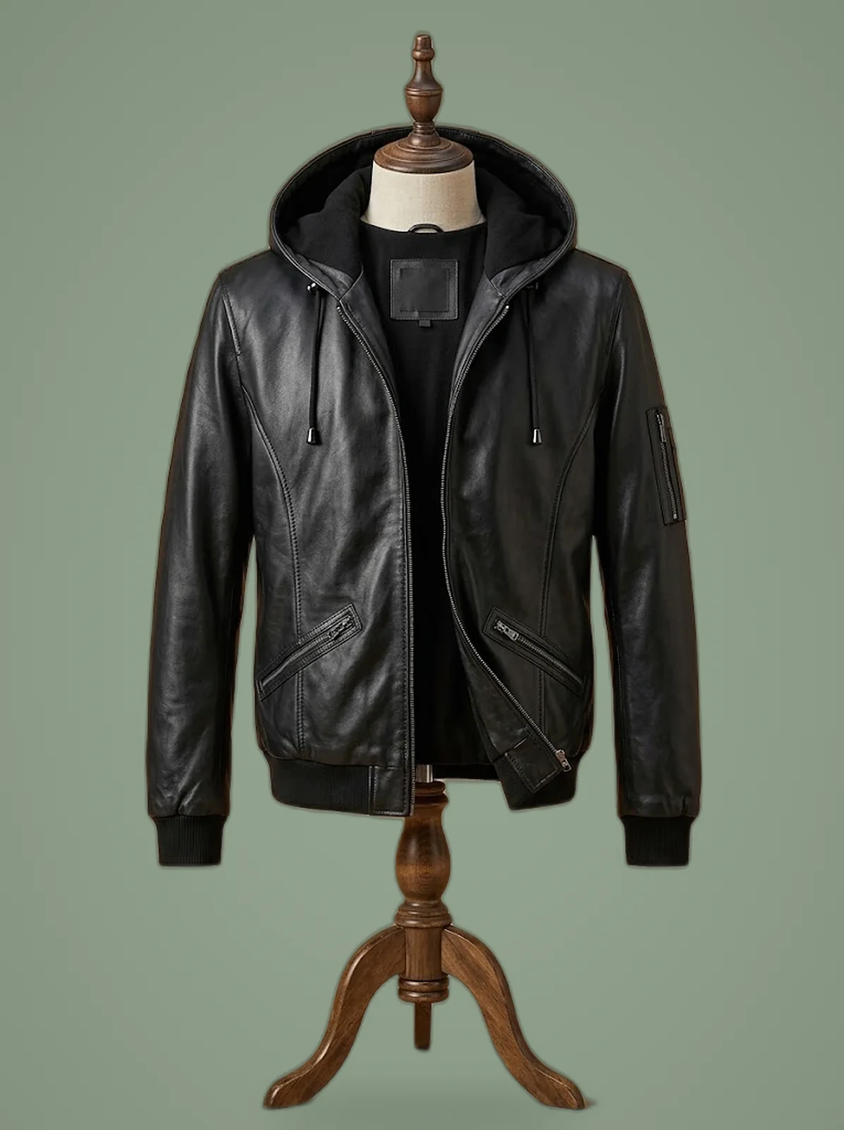 Men’s Biker Genuine Leather Hooded Jacket Café Racer Casual, front view