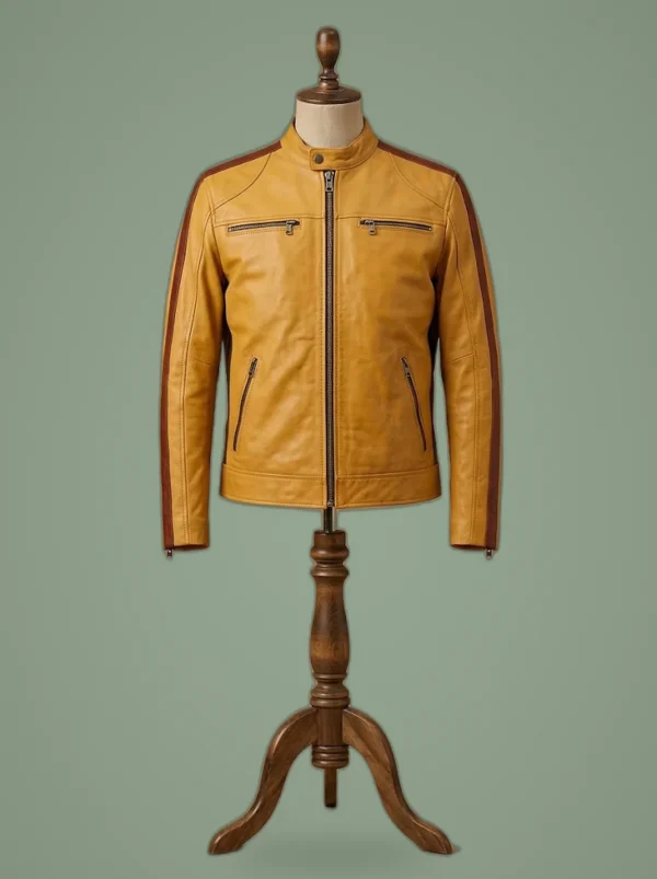 Men’s Biker Vintage Retro Cafe Racer Slim Fit Real Caramel Leather Jacket, front view
