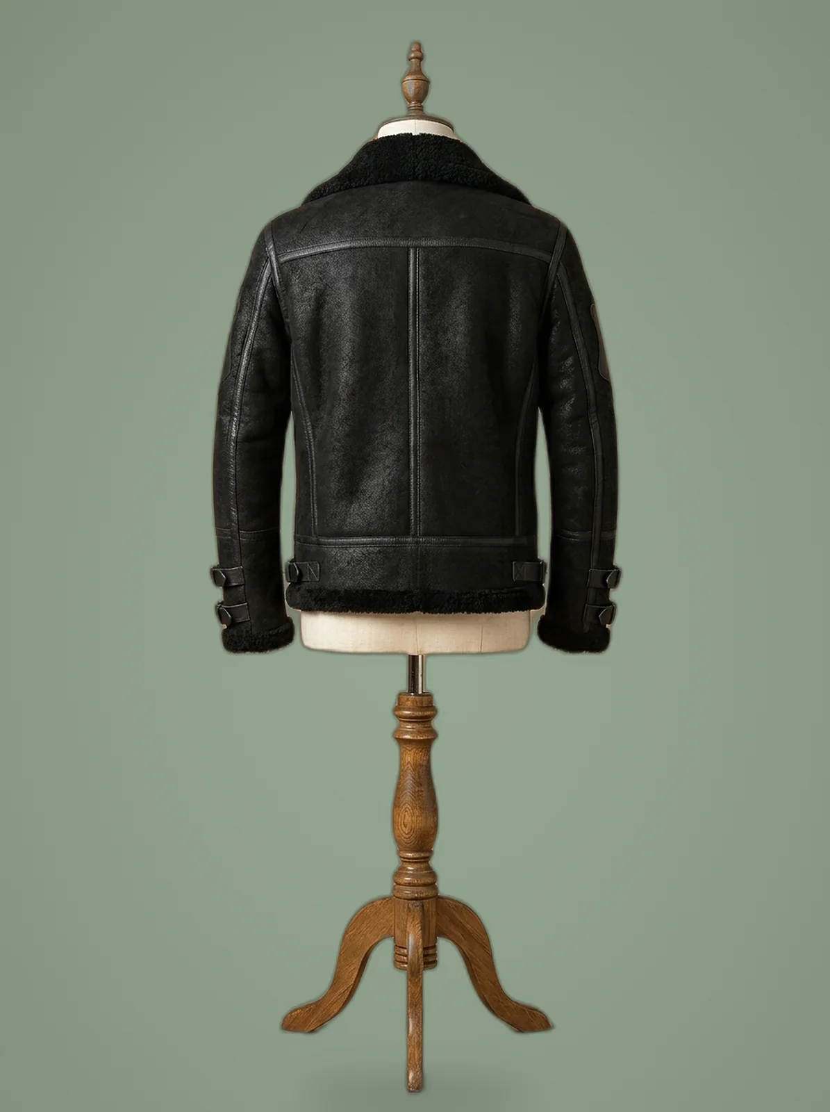 men B3 black leather bomber jacket back view