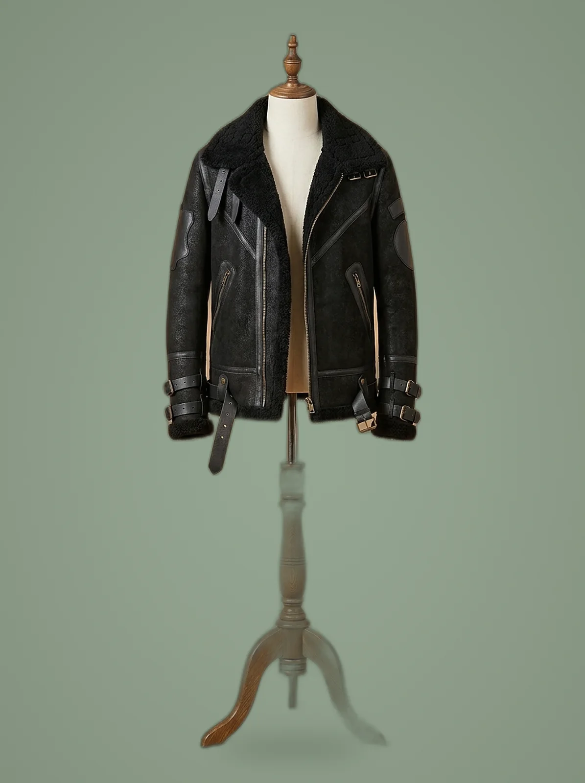 men B3 black leather bomber jacket front view