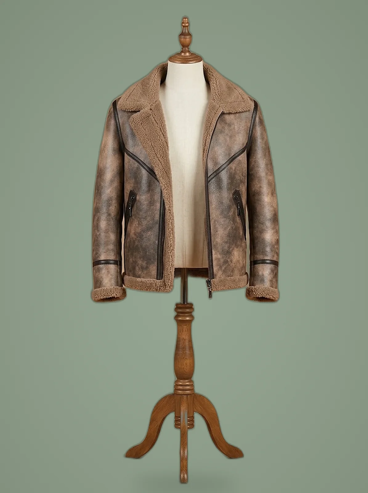 men B3 brown shearling pilot bomber jacket front view