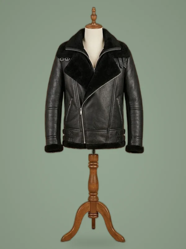 Men’s Bomber B6 Pilot Aviator Real Sheepskin Shearling Double Collar Black Leather Jacket, front view