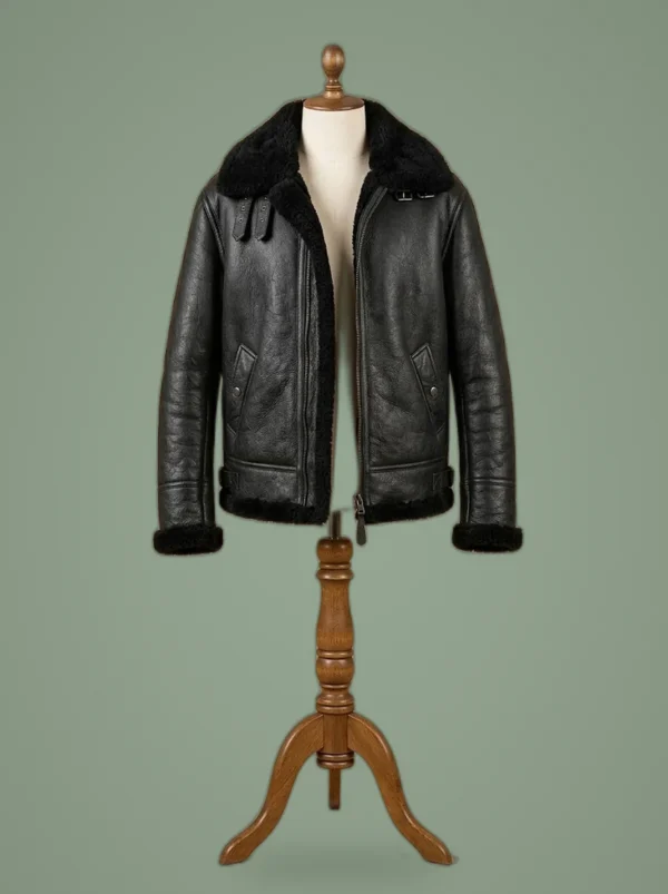 Men’s Bomber Black Aviator RAF B3 Shearling Fur Genuine Leather Jacket, front view