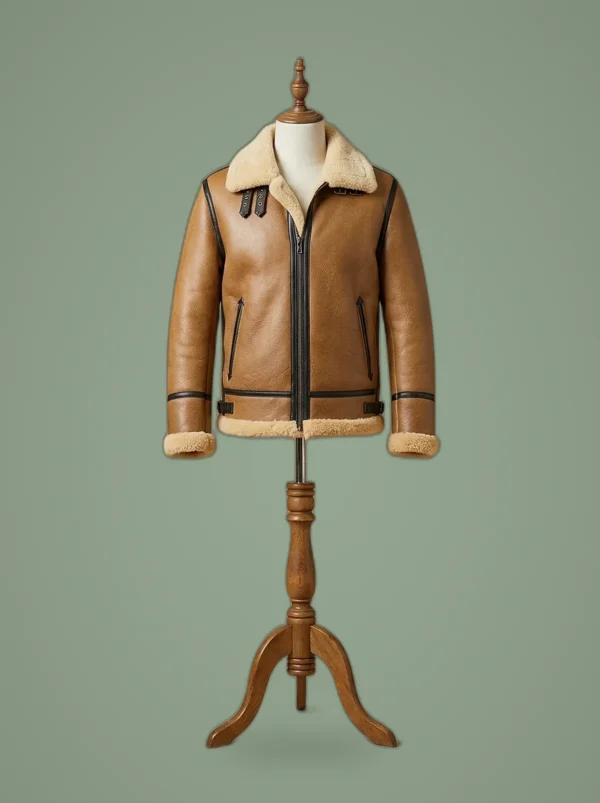 Men’s Bomber Pilot Aviator RAF Real Sheepskin Shearling Brown Leather Jacket, front view