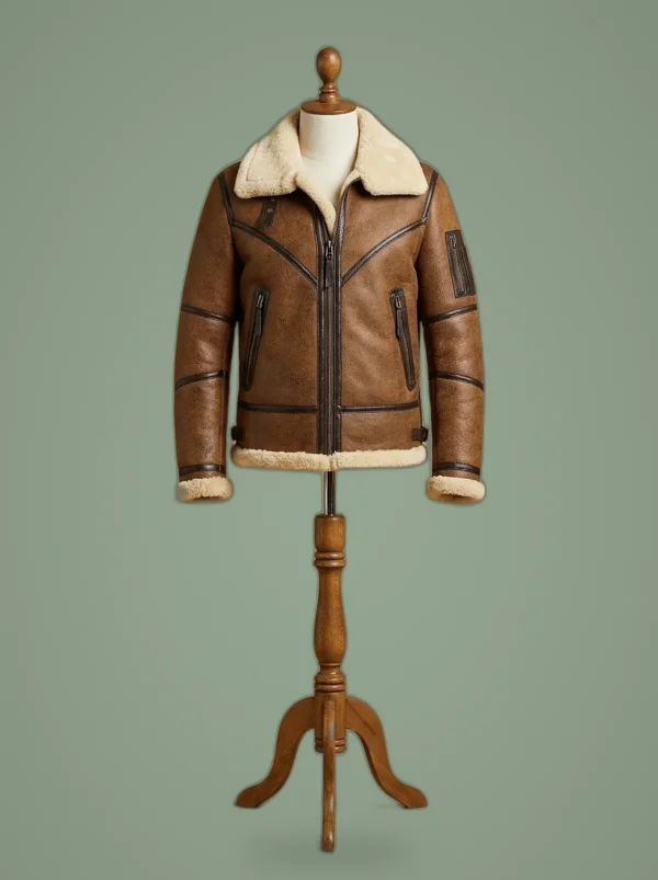 Men’s Bomber Pilot Aviator RAF Real Sheepskin Shearling Brown Leather Jacket1, front view