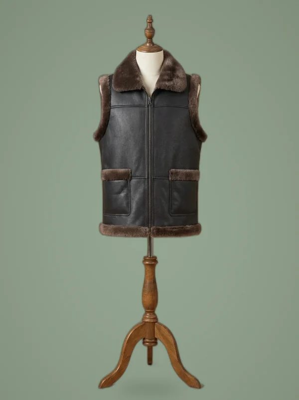 Men’s Bomber Real Sheepskin Shearling Pilot Aviator Brown Fur Black Leather Vest, front view