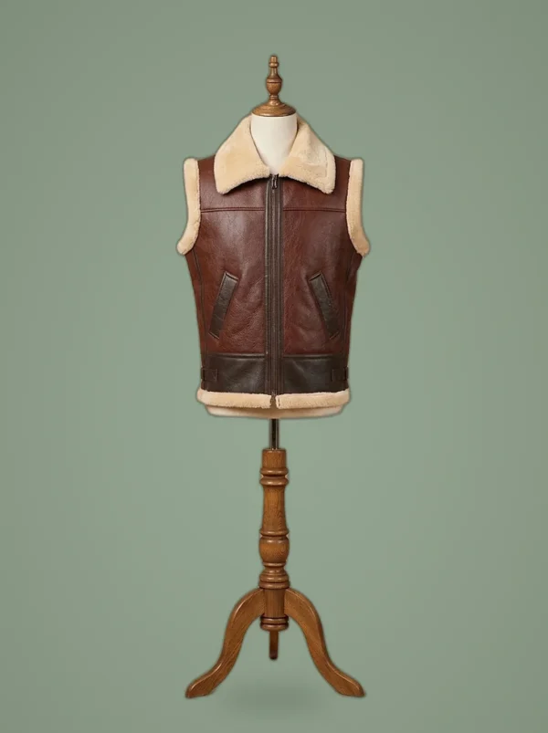 Men’s Bomber Real Sheepskin Shearling Pilot Aviator Brown Leather Vest, front view