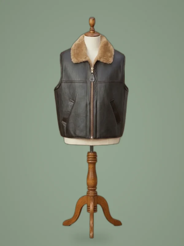 Men’s Bomber Real Sheepskin Shearling Pilot Aviator Choco Brown Leather Vest, front view