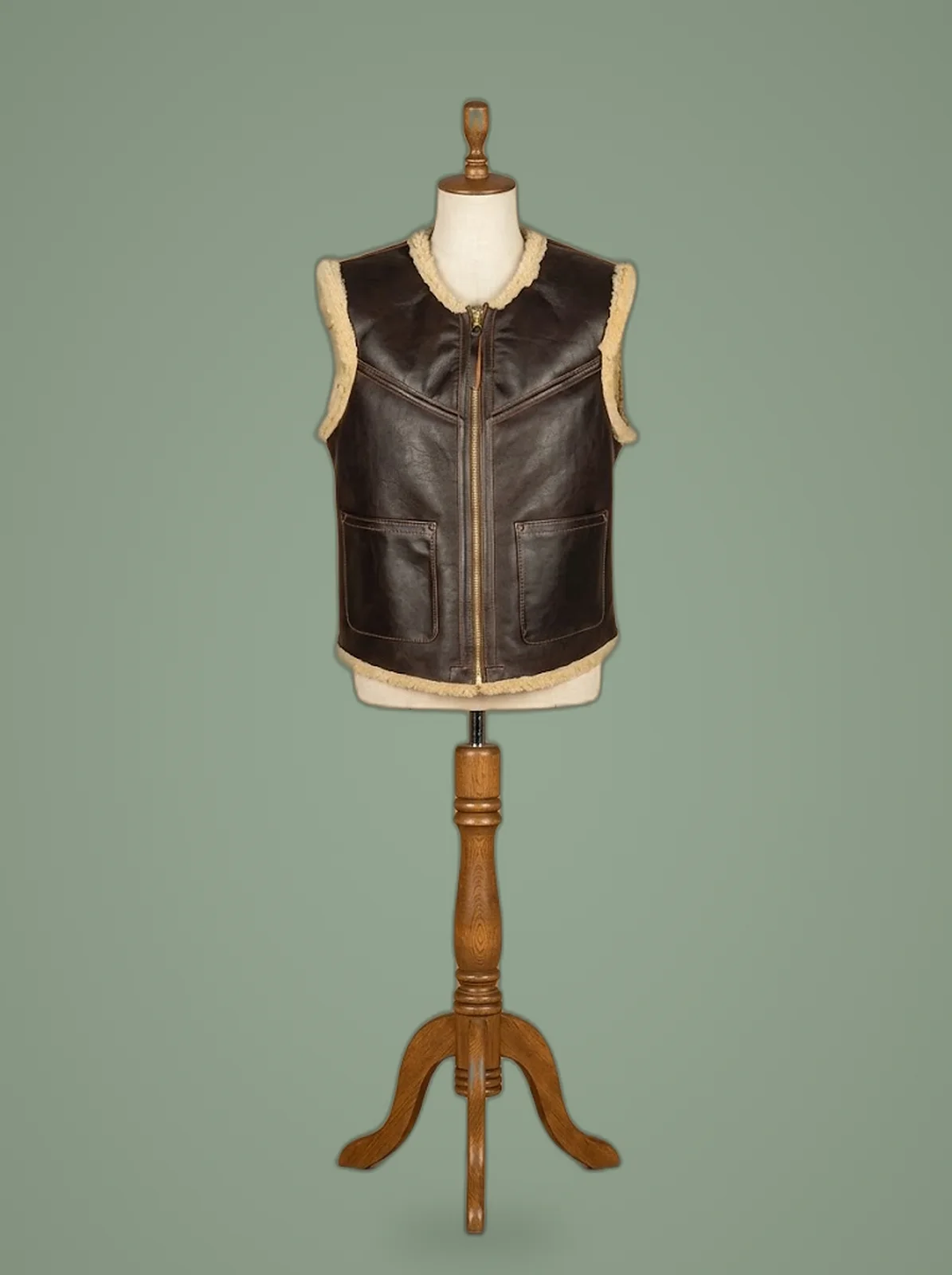 Men’s Bomber Real Sheepskin Shearling Pilot Aviator Dark Brown Leather Vest, front view