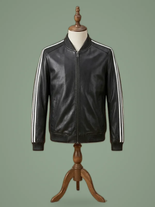 Men’s Bomber Real Sheepskin White Strips SlimFit Cafe Racer Black Leather Jacket, front view