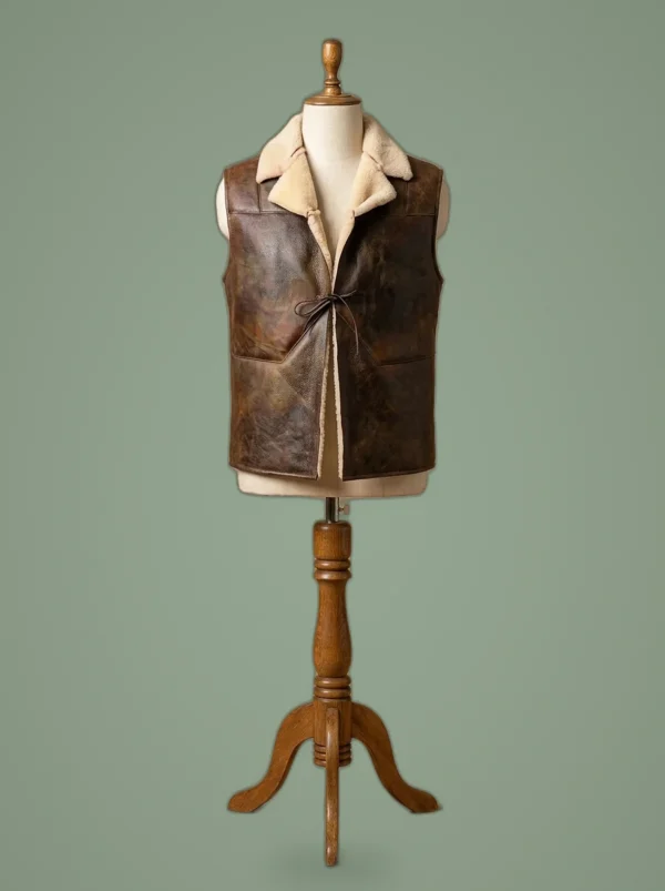 Men’s Clint Eastwood the Man with No Name Real Sheepskin Shearling Leather Vest, front view