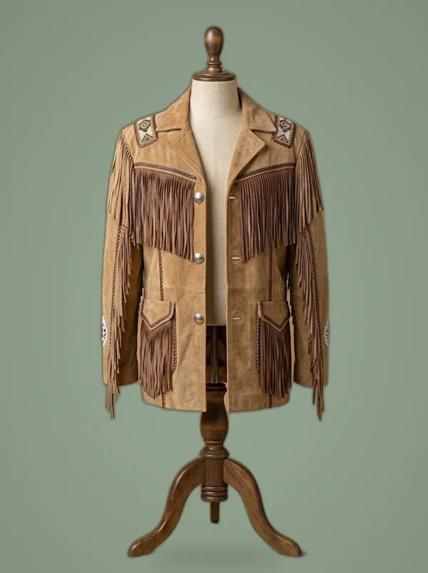 Men’s Cowboy Jacket Western Fringed Suede Leather Coat, front view