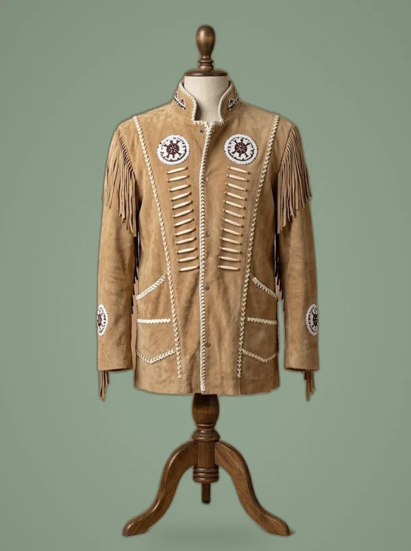 Men’s Cowboy Jacket Western Style Fringed Suede Leather Coat, front view