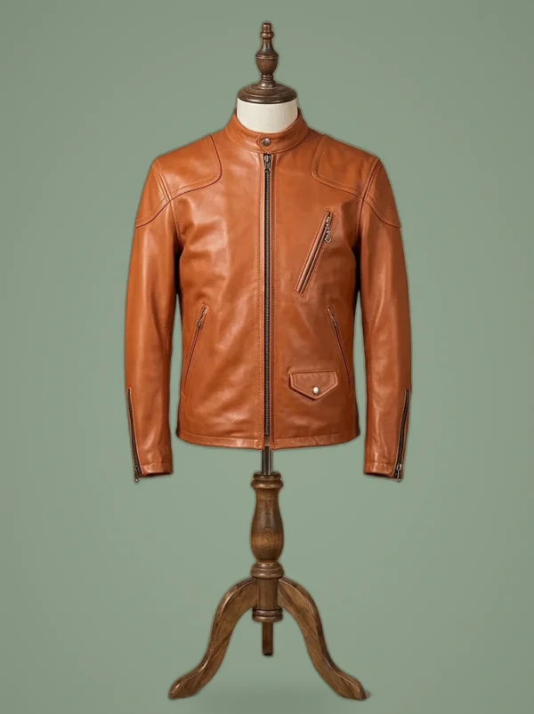 Men’s Motorcycle Real Leather Biker Vintage Slim Fit Cafe Racer Tan Jacket, front view