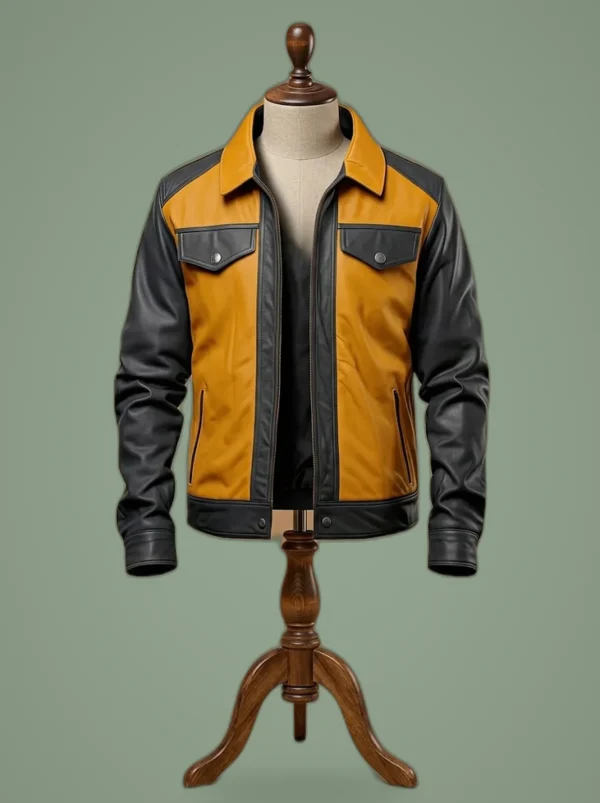 Men’s Mustard Charcoal Grey Real Sheepskin Classic Trucker Biker Leather Jacket, front view