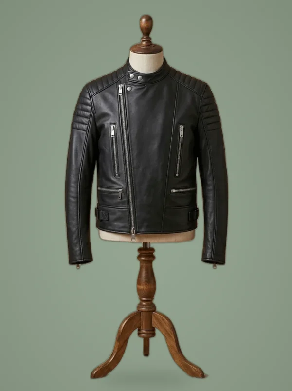 Mens New Biker Cafe Racer Brando Padded Motorcycle Retro Black Leather Jacket, front view