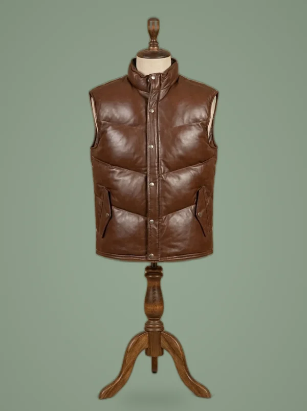 Men’s Puffer Brown Leather Vest Genuine Sheepskin Warm Winter Padded Casual Vest, front view