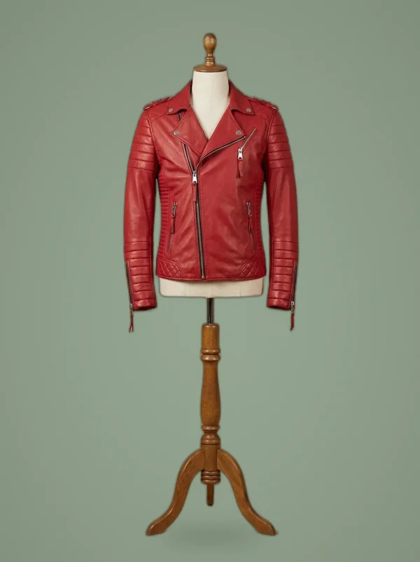 Men’s Quilted Diamond Real Lamb Skin Slim Fit Red Leather Jacket, front view